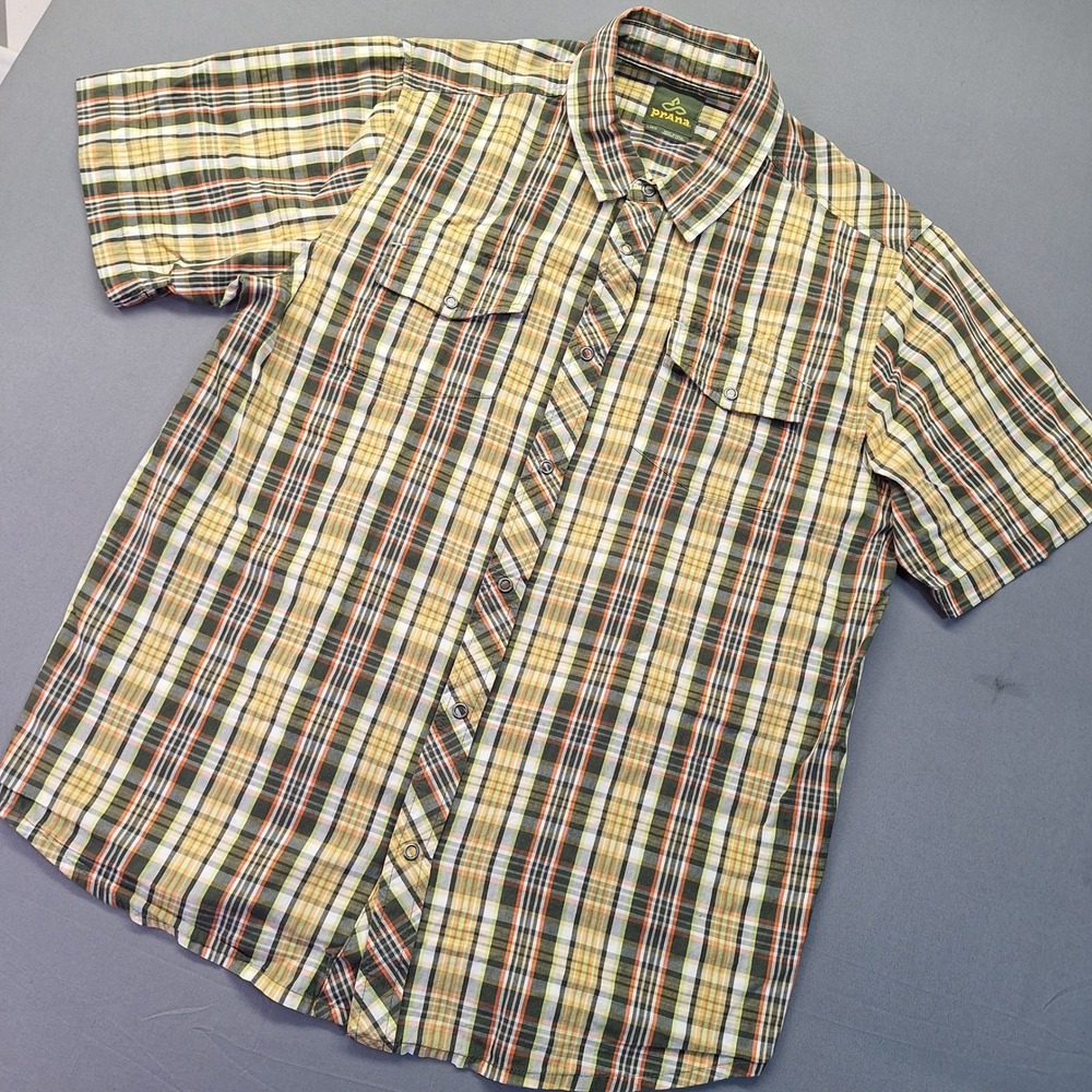 Prana Mens Organic Cotton Plaid Short Sleeve Snap Button Down Shirt Green Large